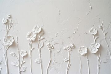 Poster - White plaster wall texture with floral ornament. Background image. Created with Generative AI technology