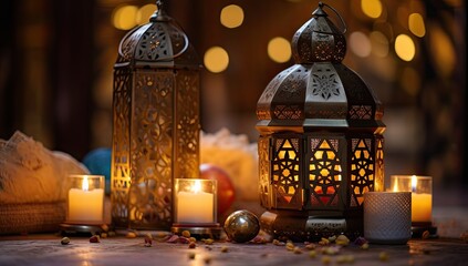 Wall Mural - Ramadan Lantern Islamic Ornament Blurry Bokeh Background