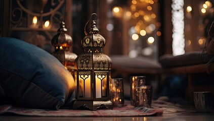 Wall Mural - Ramadan Lantern Islamic Ornament Blurry Bokeh Background