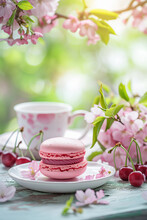 Cherry Macaron  On The Table In The Spring Garden