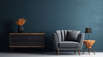 Wall Mural - Dark blue living room interior with cozy leather armchair