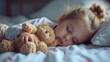 Cute little girl sleeping with plush toy bear on bed at home