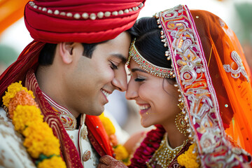 Wall Mural - Indian wedding. Groom dressed in white Sherwani with stunning bride in lehenga during the Saptapadi ceremony on Hindu spousal. Celebration of special day of love marriage ceremony concept