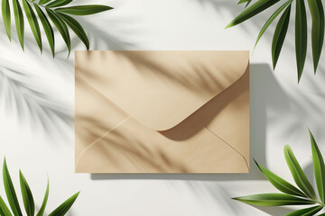 Poster - Paper envelope with green leaves and soft shadows
. Background image. Created with Generative AI technology