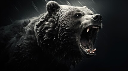 Wall Mural - Close-up of an angry bear's face. A toothy grizzly in monochrome style. Animal in the habitat. Illustration for cover, card, postcard, interior design, banner, poster, brochure or presentation.