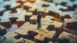 A wooden jigsaw puzzle with a miniature figure of a person is standing on the puzzle, facing away, and appears to be deep in thought. Problem solving, decision making, and strategic thinking concept.