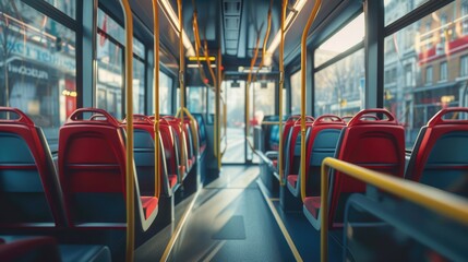 Empty bus interior with red seats and yellow railings