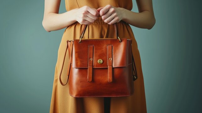 Woman holding a brown leather handbag in her hands. Close-up.