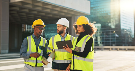 Poster - People, architect and team walking with tablet in planning for construction, building or project in city. Group of employees, contractor or engineer in teamwork with technology for architecture plan