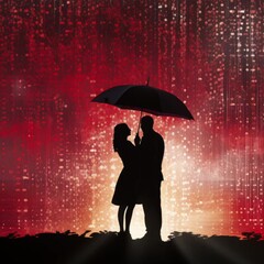 Wall Mural - Woman valentines rain. Love in the rain. Silhouette of a couple under an umbrella... Facing away from view