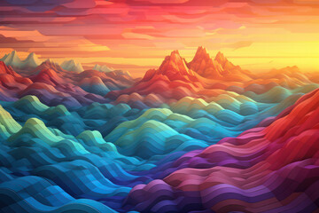 Wall Mural - Abstract Mountain Sunset: Graphic Art Nature Wallpaper, Waves of Poster Patterns on a Hill, Blue Silhouette Sky Banner