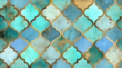 Mint and gold tile pattern in the style of enchanting watercolors, moroccan.