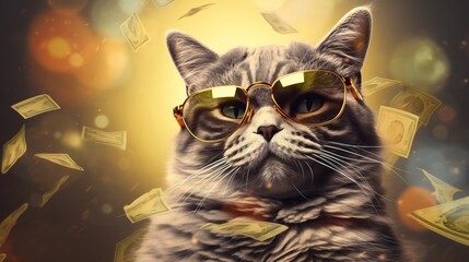 Wall Mural - cat and money, business comcept, dollar, rich, Sunglasses