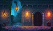 pixel art of old castle dungeon background battle scene in RPG old school retro 16 bits, 32 bits game style