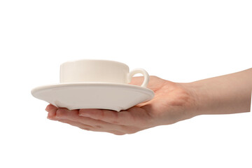 Female hand holding coffee cup and saucer isolated on white background.