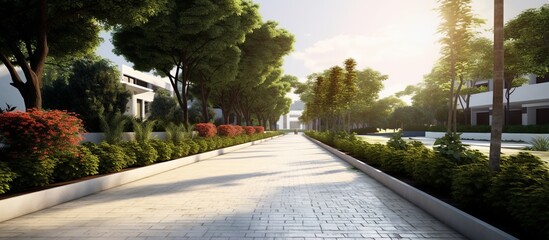 Wall Mural - Empty street at the nice and comfortable garden background under the sunset / sunrise