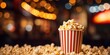 Full Popcorn Striped Bucket with Bokeh Lights in Cinema Setting on Blur Background. Front View. Generative AI