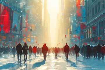 Wall Mural - Dynamic urban scene with blurred motion, skyscrapers, and a bustling crowd in the city at sunset.