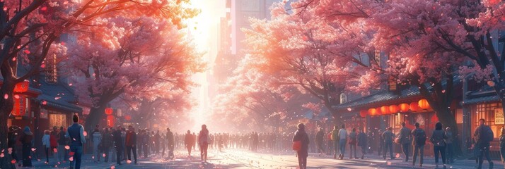 Busy urban street in spring, blurred crowd, vibrant foliage, and sunlight, creating a lively city scene.