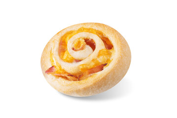 Bacon Cheddar cheese roll cake pinwheel on a white isolated background