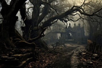 Wall Mural - Old abandoned house in the forest at foggy night. Halloween concept