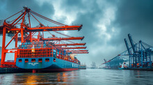 A Container Ship Being Loaded With Cargo At A Dock In Hamburg, Under A Cloud-covered Sky Background Dockside Cranes And The Busy Port Atmosphere Colors Industrial Hues Of The Dockyard, Muted Co