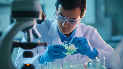 Poster - Health care researchers working in life science laboratory. Young research scientist preparing and analyzing microscope slides in research lab