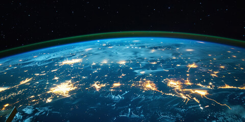 Wall Mural - big city lights view from space. planet earth globe with night realistic world map. communication co