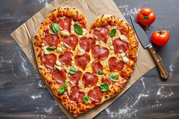 Wall Mural - Valentine's day heart shaped pizza. Romantic meal