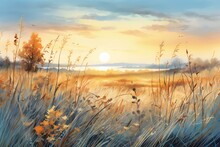Beautiful Landscape With Reed Field At Sunset,  Digital Painting