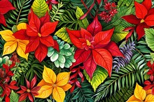 Seamless Pattern With Poinsettia Flowers And Tropical Leaves