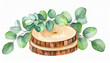 Watercolor wooden round slices with green eucalyptus leaves bouquet. Isolated illustration