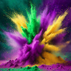 Wall Mural - colored powder explosion. colorful purple, green, gold colors dust background. holi paint powder spl
