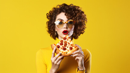 woman with glasses eating pizza on background of yellow