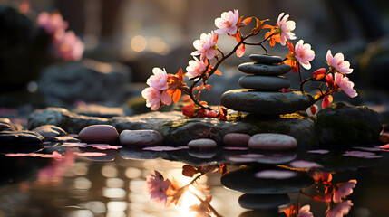 Nature Background Wallpaper, Rocks Stack on Body of Water Against Serene Morning Light, peaceful zen meditation mindfulness influenced atmosphere