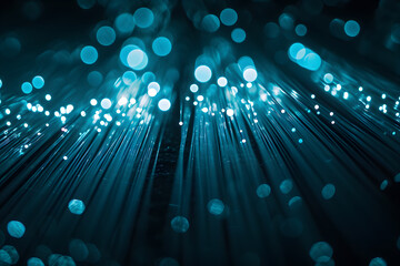 Wall Mural - Close-up photo of cross-section of optical fiber that glows in different colors with bokeh effect. Technology background