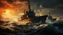 The Military Ship On Sea At Sunrise.