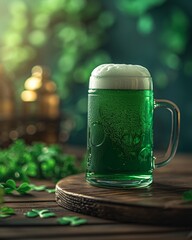 Wall Mural - Festive Green Beer with Leprechaun Hat and Golden Coins Decoration - Patrick's Day concept
