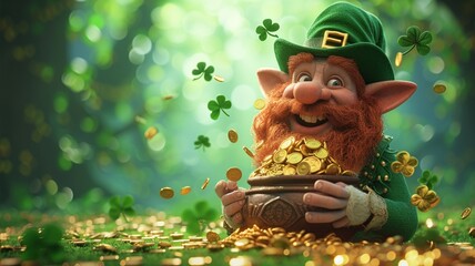 Wall Mural - Whimsical Leprechaun Holding Pot of Gold in Enchanted Forest - Patrick's Day concept
