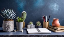 Creative Desk With Notebook Desk Objects Office Supplies Books And Cactus On A Dark Blue Background