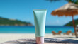 © Art.disini - Plastic tube. Sunscreen lotion on beach. Summer vacation and skin care concept.