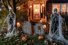 A Halloween Themed Front Yard With Cobwebs, Skeletons, And Tombstones