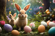 Easter bunny and easter eggs in green grass with flowers. Happy Easter. Generative AI