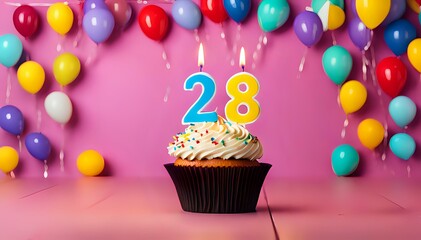 Birthday cupcake with burning lit candle with number 28. Number twentyeight for twentyeight years or twentyeighth anniversary.