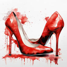 Red Women's High-heeled Shoes. Watercolor Illustration. Artificial Intelligence Generator, AI, Neural Network Image. Background For The Design.