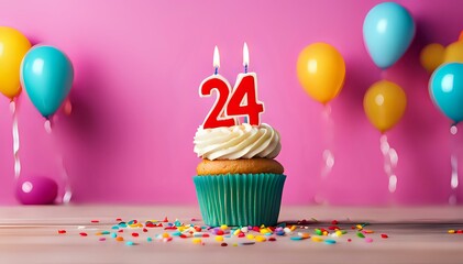 Wall Mural - Birthday cupcake with burning lit candle with number 24. Number twentyfour for twentyfour years or twentyfourth anniversary.