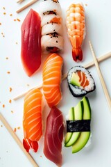 Canvas Print - Different types of preparation for salmon, bluefin tuna, and avocado sushi .