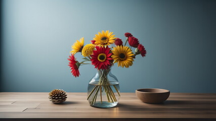 Wall Mural - Field flowers in glass vase on wooden table against light blue wall background