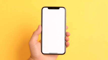 smartphone holding in hand with empty screen on yellow background.