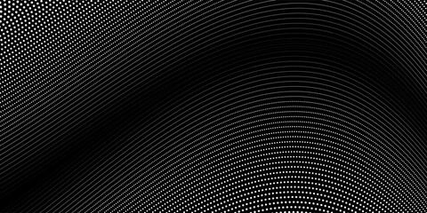 Wall Mural - Flowing dots particles wave pattern 3D curve halftone black gradient curve shape isolated on white background. Vector in concept of technology, science, music, modern arts dots wave
